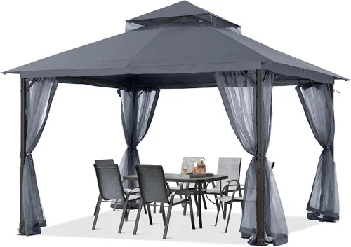 Miniatura 11 de ABCCANOPY Gazebo para patio al aire libre, 11 x 11 pies, toldo de doble techo con mosquitera para patio trasero, terraza, jardín, césped, gris oscuro