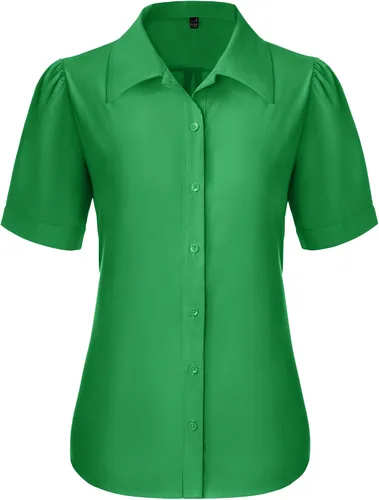 Miniatura 25 de Gleeivy Camisas de botones para mujer de manga corta abombada, camisas de vestir abotonadas con cuello ajustado, blusa superior de trabajo