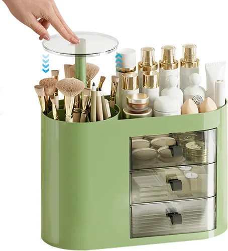 Miniatura 8 de DASITON Organizador de maquillaje con 3 cajones, soporte automático para brochas de maquillaje con tapa, organizador de maquillaje de gran capacidad