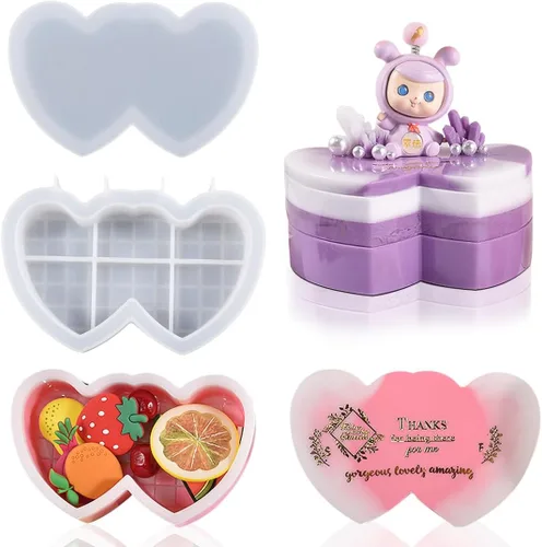 2 piezas de doble corazón caja de resina molde de joyería moldes de silicona con tapa, contenedor de molde de almacenamiento de baratijas de resina