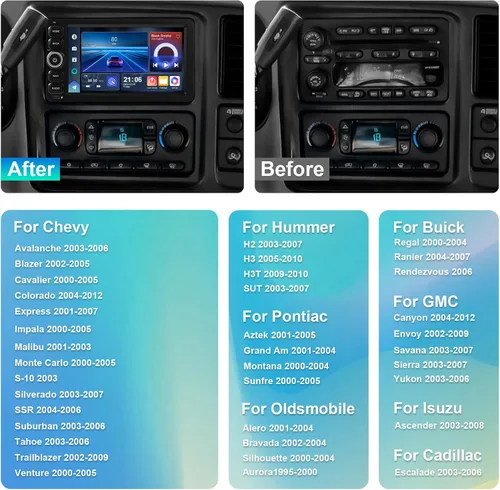 Miniatura 2 de Estéreo de coche 2+64G Android 14 doble DIN para Chevrolet Silverado Impala Tahoe GMC Sierra Yukon Hummer H2 con 7 pulgadas IPS pantalla táctil