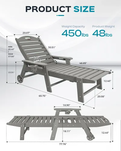 Miniatura 3 de Ciokea Silla de Descanso para Exteriores, Tumbona de Gran Tamaño con 5 Posiciones, HDPE, Silla de Descanso de Patio con Ruedas y Portavasos para Gris