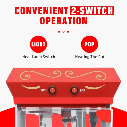Miniatura 5 de Máquina de palomitas de maíz de 8 onzas con carrito (rojo) - Máquina portátil de palomitas de maíz vintage, control de doble interruptor con 3