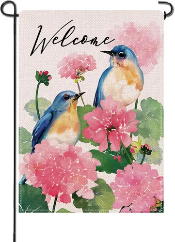 Miniatura 7 de Artofy Bandera decorativa pequeña de jardín con flores de geranio para primavera y verano, decoración exterior de arpillera de temporada, decoración