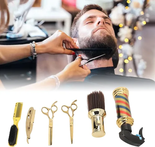 Miniatura 5 de Juego de tijeras de peluquería, tijeras de adelgazamiento, cepillo plumero, kit de tijeras de corte de pelo, 6 piezas, soporte profesional