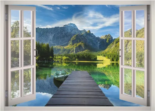 Calcomanía de pared 3D con ventana de paisaje y lago, papel tapiz extraíble, vinilo para decoración del hogar, West Mountain™ W173 (pequeño (24