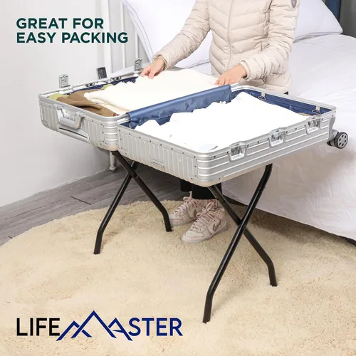 Miniatura 8 de Lifemaster Portaequipajes de metal – Paquete de 4 soportes plegables, fáciles de montar, ahorro de espacio y elegante marco de acero para maletas
