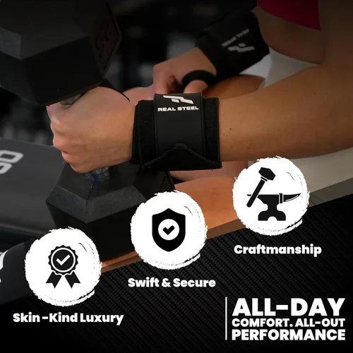 Miniatura 7 de Muñequeras de acero real para levantamiento de pesas, hombres y mujeres, bandas de gimnasio de 24 pulgadas con bucle para el pulgar, correas