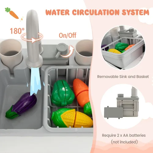 Miniatura 3 de INFANS Juego de Cocina de Esquina para Niños, Set de Cocina de Madera de Juguete para Niños Pequeños con Circulación Real de Agua Corriente, Luz
