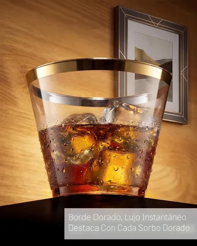 Miniatura 4 de Nervure 240 vasos de plástico dorados – Vasos de plástico con borde dorado de 9 onzas – Taza transparente desechable resistente con borde dorado
