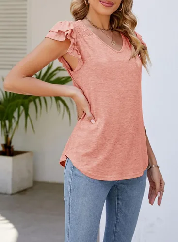 Miniatura 3 de Dokotoo Camisetas casuales de manga corta con volantes para mujer, lindas camisetas de punto acanalado de color sólido