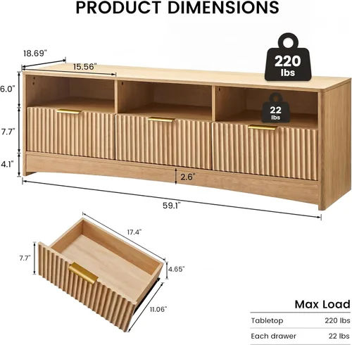 Miniatura 2 de AMADA HOMEFURNISHING Soporte de TV acanalado para televisores de hasta 65 pulgadas, moderno centro de entretenimiento de mediados de siglo
