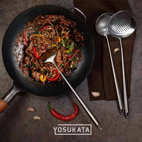 Miniatura 7 de Yosukata Espátula de Wok de 17" y Cuchara Coladora con Cucharón - Juego de 3 Utensilios de Cocina de Acero Inoxidable - Juego de Utensilios