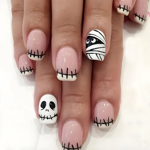 Uñas postizas a presión para Halloween, cuadradas, cortas, blancas, con punta francesa, con diseño de parche de calavera, lindas uñas cuadradas con