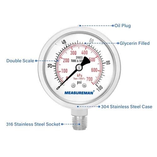 Miniatura 3 de MEASUREMAN Manómetro de presión 1/4 NPT, 0-100psi/kPa Totalmente de acero inoxidable Manómetro de presión hidráulico relleno de glicerina