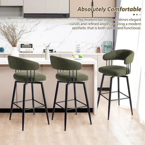 Miniatura 8 de Glitzhome Juego de 2 taburetes de bar giratorios de 31.5 pulgadas de altura de asiento, modernos taburetes de bar de tela verde cazador de mediados