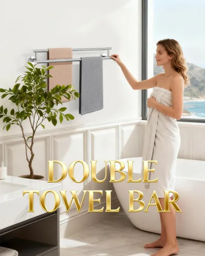 Miniatura 2 de Alise Toallero doble cromado pulido, toallero de 24 pulgadas para baño montado en la pared, toallero de baño de acero inoxidable SUS304, toallero