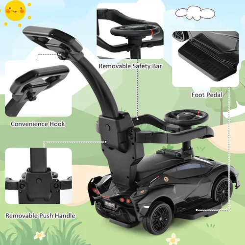 Miniatura 3 de INFANS 3 en 1 Coche de Paseo para Empujar, Silla de Paseo Licenciada Lamborghini para Bebés con Coche de Paseo Deslizante, Bocina, Música, USB, Negro