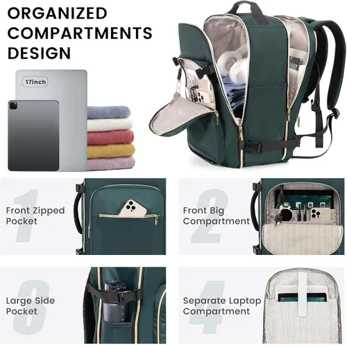 Miniatura 4 de LOVEVOOK Mochila de viaje grande de 40L para mujeres y hombres, mochila de mano aprobada por aerolíneas, Verde-negro, Mochila de viaje