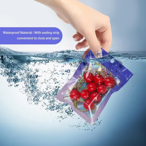 Miniatura 26 de 120 bolsas de tereftalato de polietileno a prueba de olores, bolsa de embalaje holográfica resellable con ventana transparente para alimentos