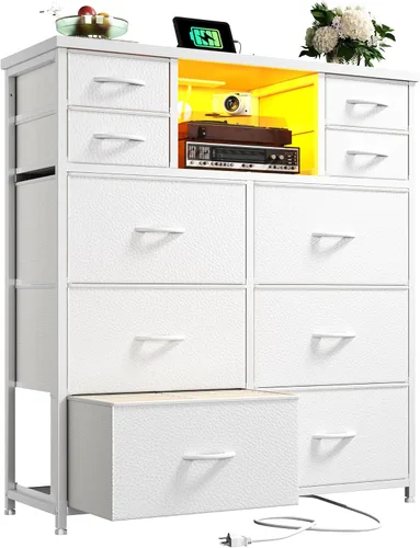 Romorgniz - Cómoda blanca para dormitorio con 10 cajones con luz LED y toma de corriente, cómodas de tela y cómoda con estantes abiertos para Blanco