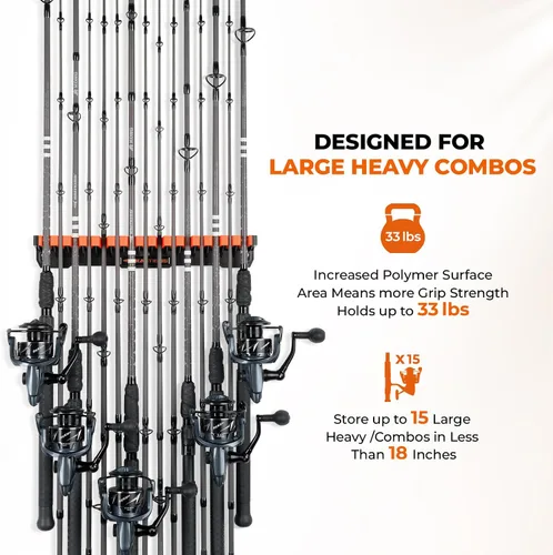 Miniatura 2 de KastKing V15HD Soporte vertical para caña de pescar resistente – Soporte para caña de pescar montado en la pared, almacena 15 cañas grandes o combos