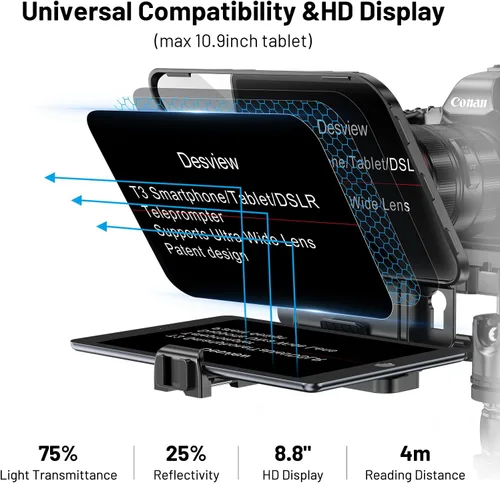 Miniatura 2 de Desview Teleprompter T3 para cámara y teléfono inteligente - Soporta iPad/Tablet de hasta 10" - Vidrio divisor de haz con control remoto Bluetooth