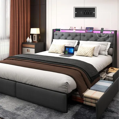 Miniatura 12 de Marco de cama tamaño completo con 4 cajones de almacenamiento y luces LED, marco de cama tamaño completo con cabecera tapizada y estación de carga