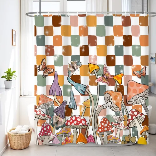 Miniatura 8 de Renaiss Juego de cortinas de ducha de 60 x 72 pulgadas, diseño de hongos bohemios, retro de los años 70, flores naranjas florales, divertidas