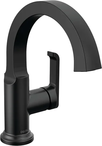 Delta Tetra - Grifo de baño negro mate de 1 agujero, grifo de lavabo de baño de un solo orificio para tocador, conjunto de drenaje de metal Mate