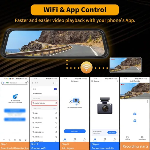 Miniatura 4 de Cámara de tablero WiFi de 3 canales de 9.66 pulgadas con cámara frontal y trasera, pantalla táctil IPS, triple cámara de espejo retrovisor