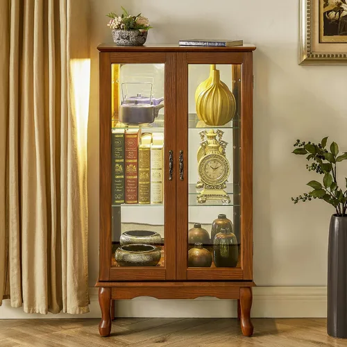 Miniatura 10 de Gabinete Curio iluminado, moderno gabinete de cristal de pie con estantes ajustables, panel trasero espejo y puertas de vidrio templado