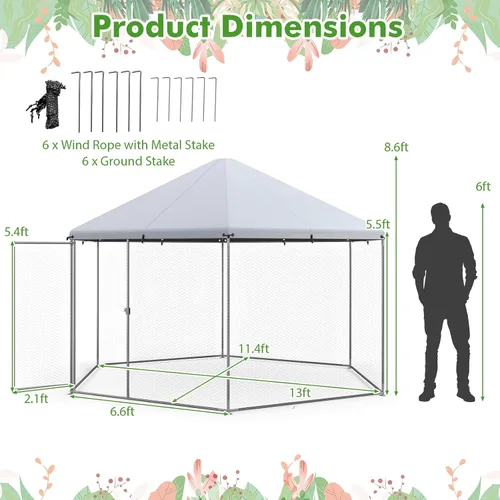 Miniatura 6 de Giantex Gallinero de metal grande, gallinero hexagonal de 13 pies con cubierta impermeable, marco de acero resistente, 12 estacas, jaula de aves