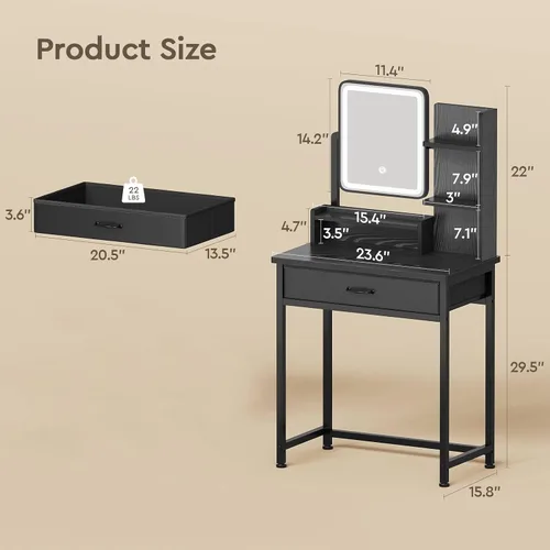 Miniatura 4 de YeTom Escritorio de maquillaje con espejo y luces, tocador pequeño con cajón de almacenamiento de tela, estantes y mesa auxiliar, tocador de Negro