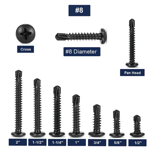 Miniatura 3 de #8 x 1 Tornillos de chapa metálica 100 piezas 410 tornillos Tek de cabeza plana de acero inoxidable Tornillos autorroscantes rápidos Óxido negro por