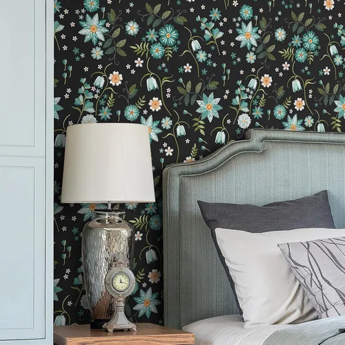 Miniatura 6 de VaryPaper Papel tapiz floral negro de 17.7 x 78.7 pulgadas, diseño de copos de nieve y flores, papel tapiz autoadhesivo extraíble, papel de contacto