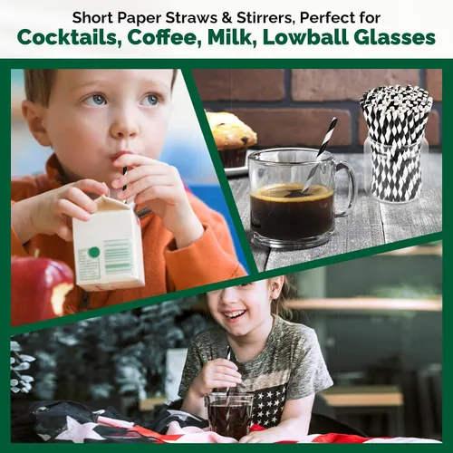 Miniatura 4 de 500 unidades Chunspak 14,6 cm pajitas de papel desechables cortas ecológicas a granel para cóctel, bebidas mixtas - Rayas negras y blancas