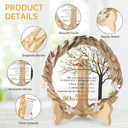 Miniatura 3 de 50 aniversario de boda, ideas de regalos únicos, placa de cristal con corona de hojas de oro, regalos de boda de 50 aniversario para padres