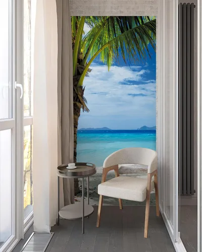 Miniatura 4 de FLFK Adhesivo de puerta - Playa y palmera, mural de pelar y pegar, tamaño combinado 36"x80", dividido en 2 piezas Mt2219