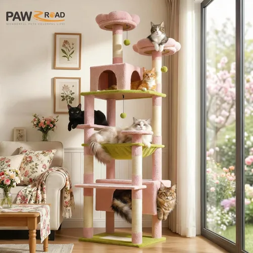 Miniatura 2 de PAWZ Road Árbol de flores para gatos, torre grande para gatos de 72 pulgadas con hamaca de marco de acero y 7 postes rascadores, árbol alto para Rosa