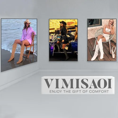 Miniatura 3 de Vimisaoi - Botas vaqueras para mujer, estilo retro, puntiagudas, de meter, pantorrilla ancha, tacón de bloque alto y grueso, bordadas, hasta