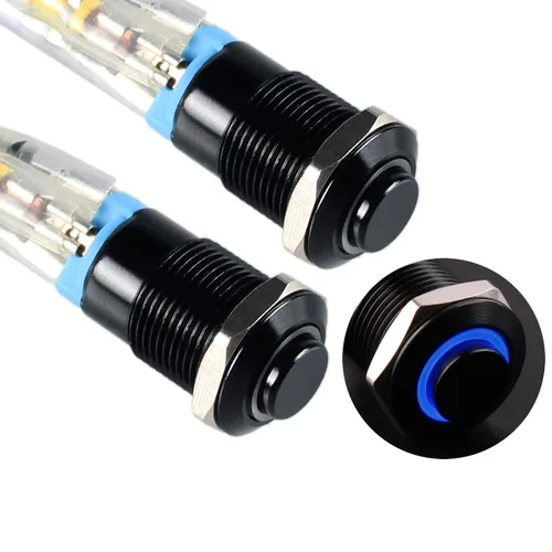 2 interruptores de botón de metal con pestillo de 0.472 pulgadas, cabeza elevada de 12 V-24 V, 4 pines de encendido y apagado, 1 no, carcasa negra