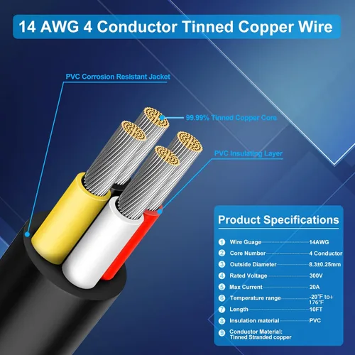 Miniatura 2 de Cable conductor de calibre 14, 4 conductores de cobre estañado 14/4 de 10 pies, cables eléctricos trenzados para altavoz, automoción, termostato