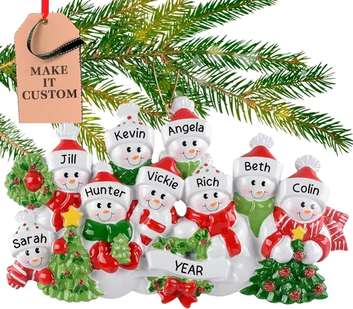Miniatura 15 de Adorno personalizado para familia de 10 personas 2025 Personalización gratuita en 24 horas Adornos navideños de muñeco de nieve grabados