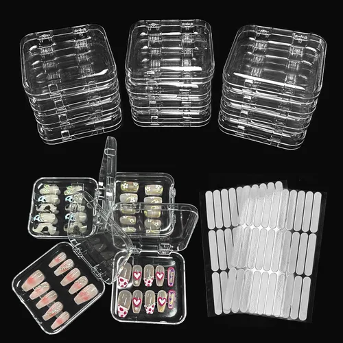 12 cajas de almacenamiento de uñas postizas con 60 piezas de cinta adhesiva de doble cara, caja de exhibición de uñas acrílicas, caja organizadora