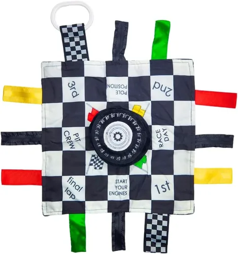 Baby Jack & Co - Manta de felpa sensorial de 10 x 10 pulgadas para deportes de carreras, juguete de etiqueta para bebés, juguetes de cochecito de