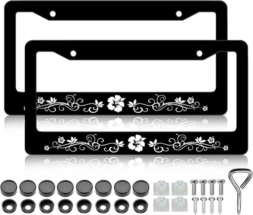 Miniatura 7 de LIN KANG Marcos de matrícula de flores de hibisco blanco, paquete de 2 marcos de matrícula de aluminio para mujer, accesorios universales de Flor