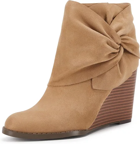 Miniatura 3 de Fashare Botines de cuña para mujer, tacón de lazo, tacón apilado, zapatos de vestir de invierno, Negro, Café