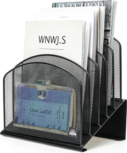 Miniatura 15 de Delifox Organizador de escritorio inclinado, soporte de archivos de 5 secciones con bandeja vertical para carpetas, estante de metal clasificador