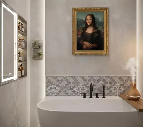 Miniatura 4 de Pintura clásica de Mona Lisa enmarcada en oro, arte de pared de baño, póster divertido de humor divertido para baño, impresión en lienzo de baño